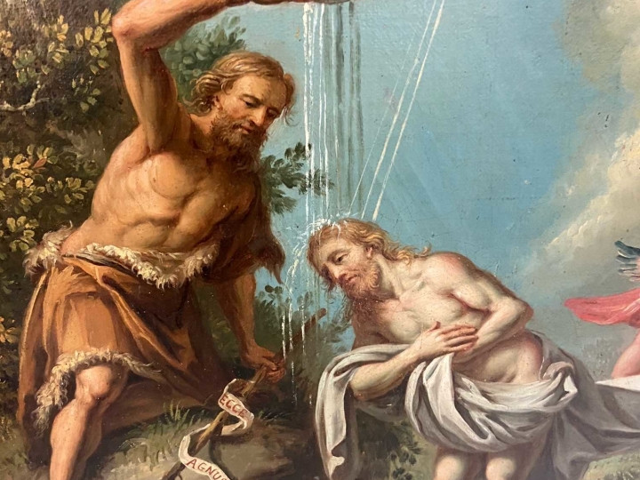 Dipinto olio su tela "Battesimo di Gesù" -Antichità Ioviero